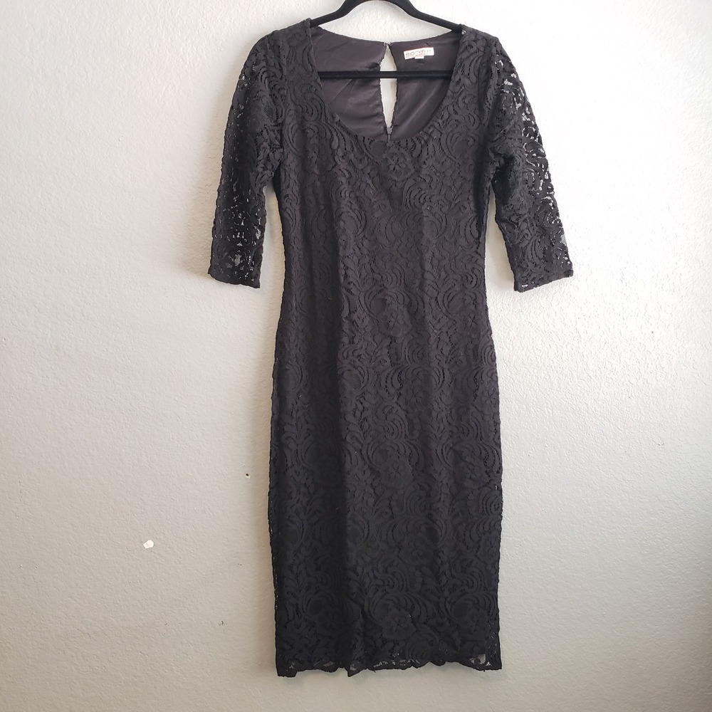 Eva Mendes NY&Co Black Floral Lace Sheath Dress 3/4 Sleeve Size 8